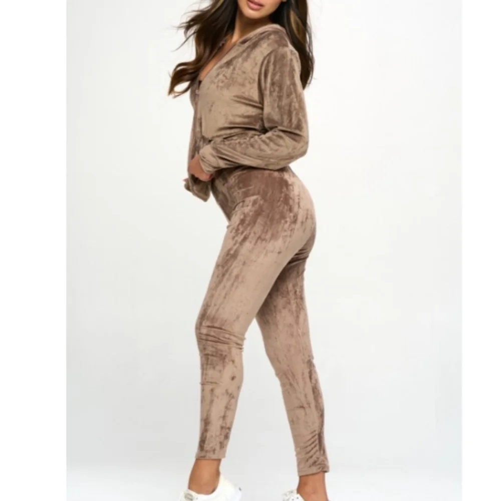 Zip Hoodie Velour Track Suit Set- Taupe - Picture 3 of 7